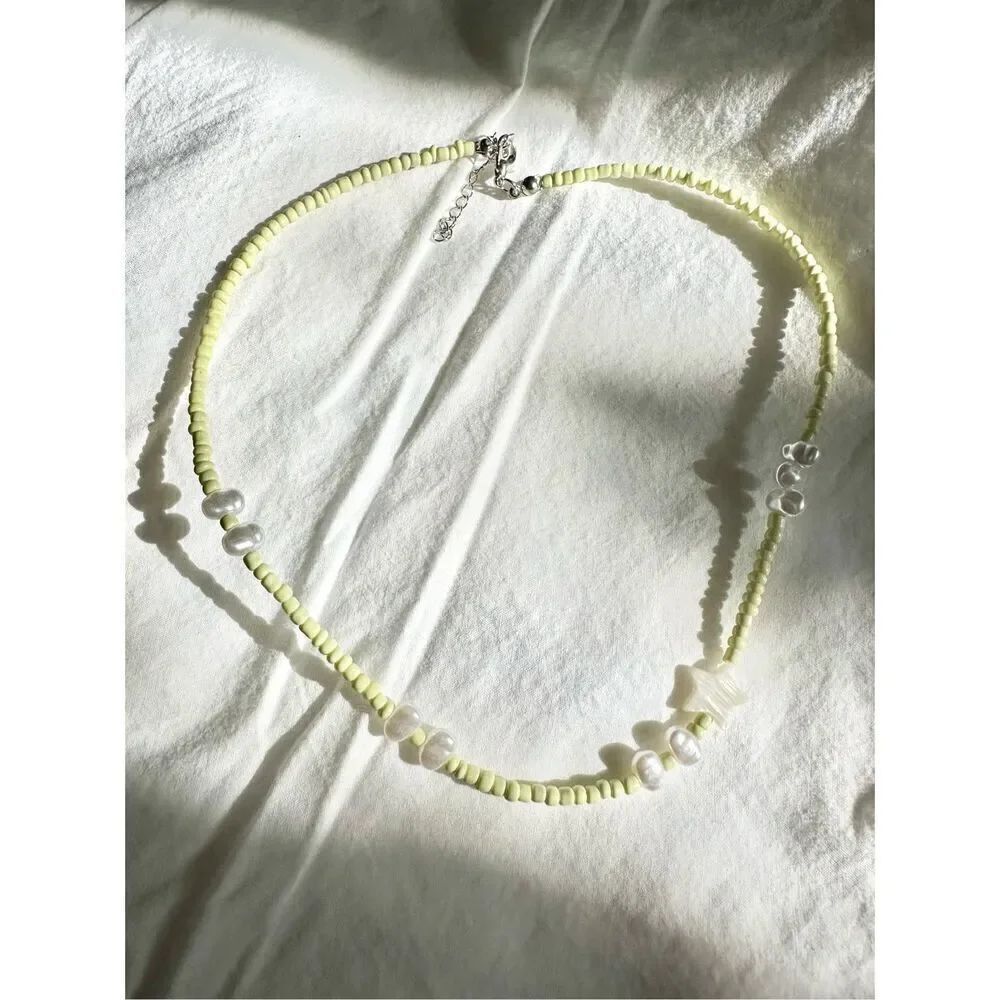 Light Yellow beaded star sea shell and pearl beach necklace